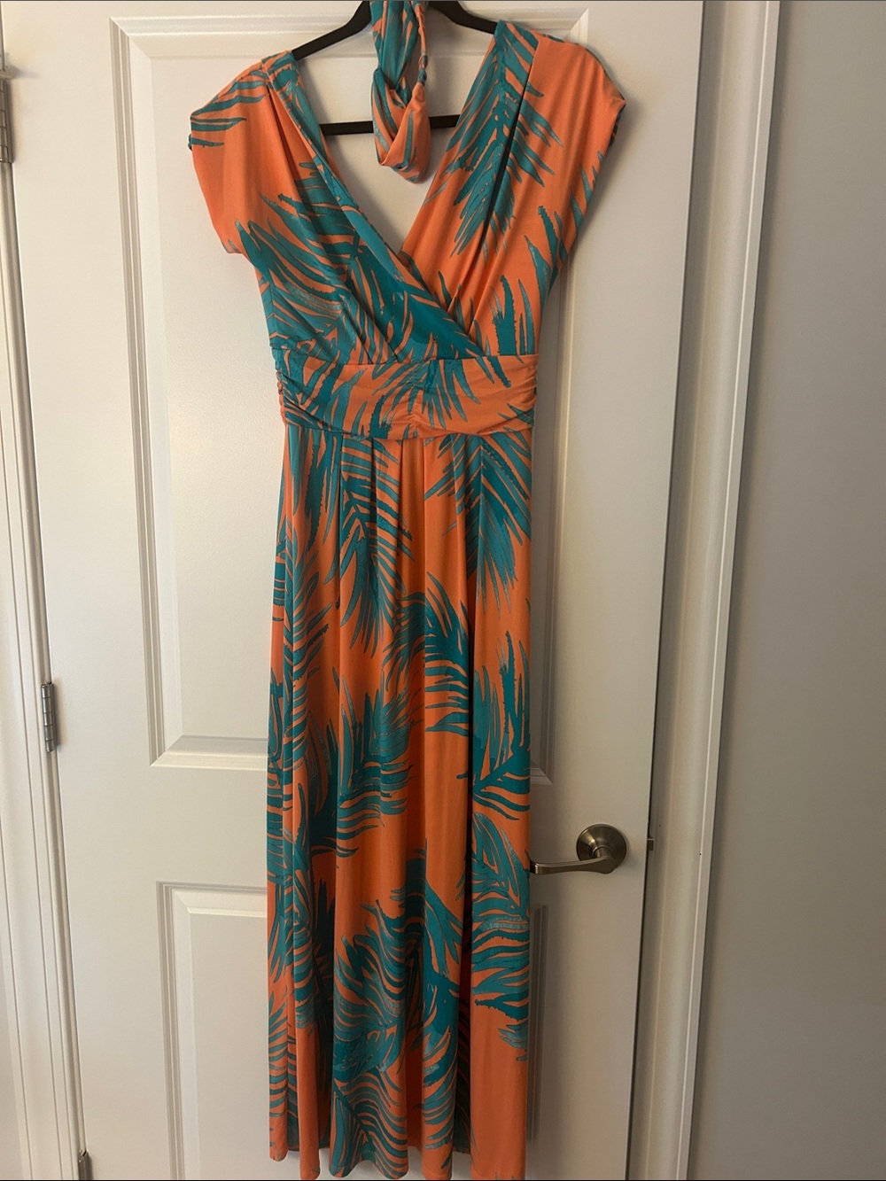 IMAN Orange Maxi Dress with Teal Palm Print